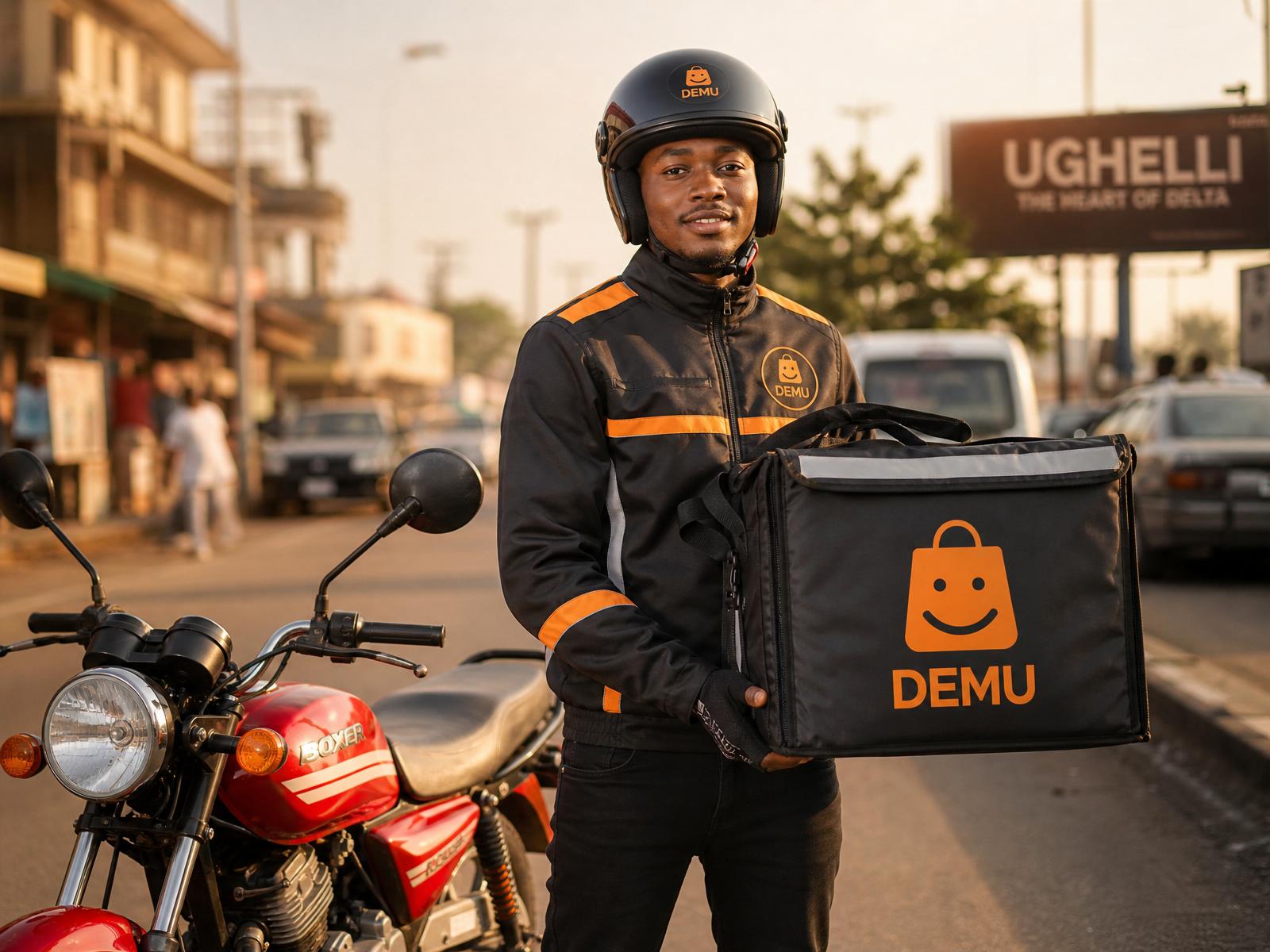 DEMU delivery rider in branded black and orange jacket with DEMU delivery bag